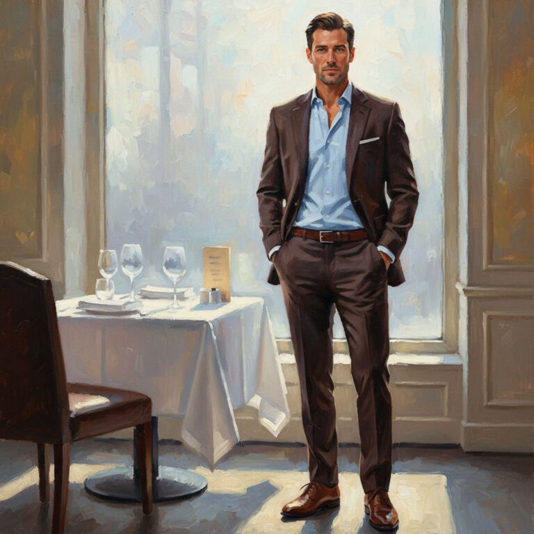 Elegancki zestaw na popołudniowe spotkanie – stonowany garnitur w odcieniu czekolady z jasnoniebieską koszulą