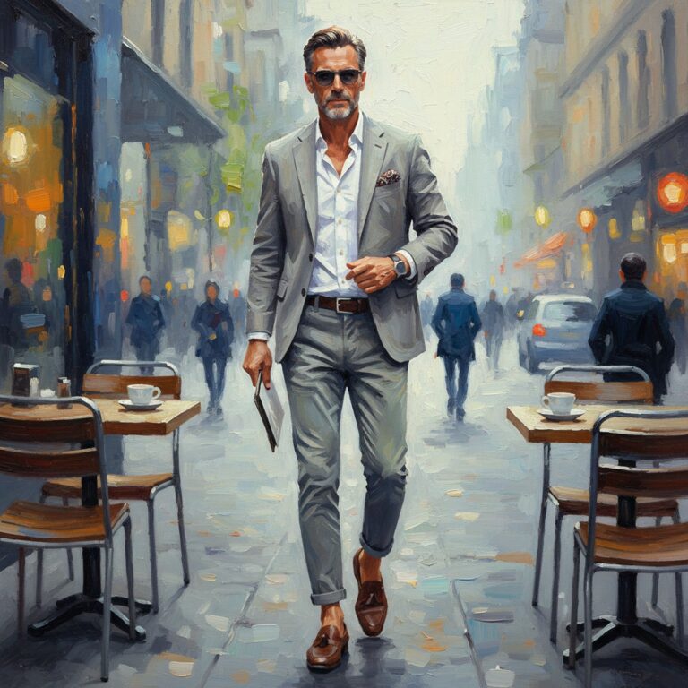 Szary casualowy garnitur – elegancka stylizacja dla dojrzałego mężczyzny na lunch w kawiarni