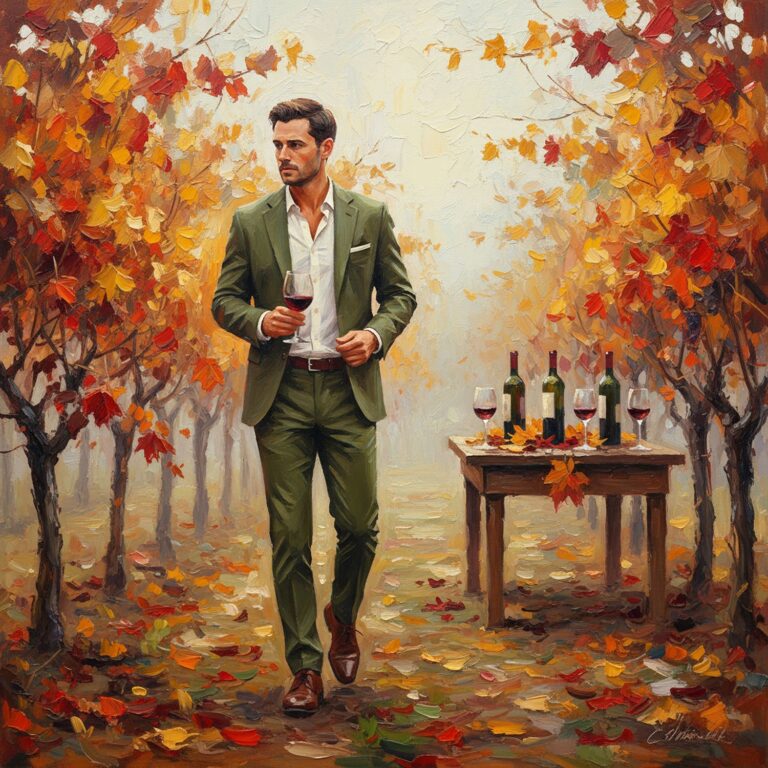 Jesienna elegancja w winnicy – oliwkowy garnitur z kremową koszulą i skórzanymi butami