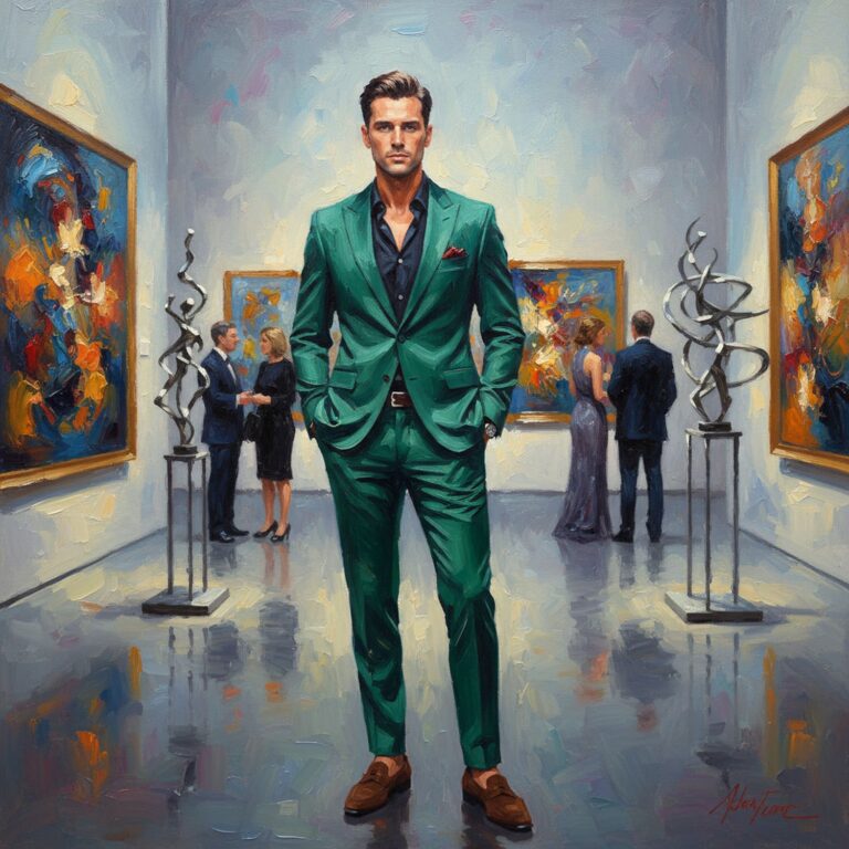 Ekstrawagancki szmaragdowy garnitur – idealna stylizacja na premierę w galerii sztuki