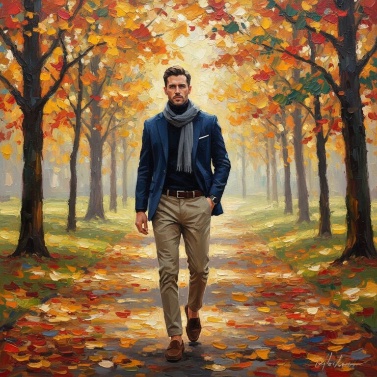 Elegancka jesienna stylizacja – granatowa marynarka z golfem i chinosami na spacer po parku