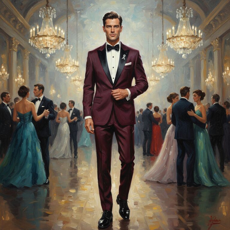 Elegancki garnitur wieczorowy w głębokim bordo – stylizacja na bal charytatywny z klasą