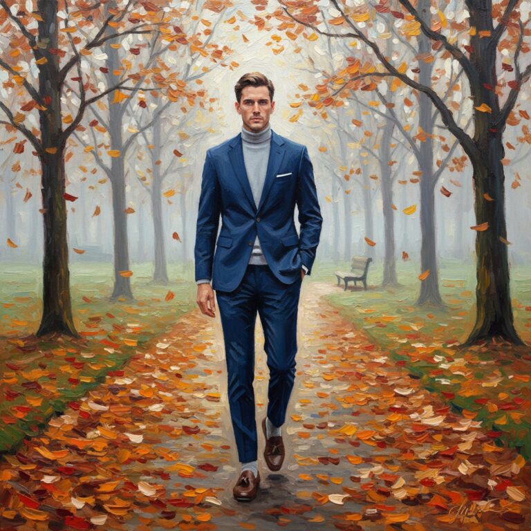 Granatowy garnitur na co dzień – stylowy wybór na chłodne spacery po parku