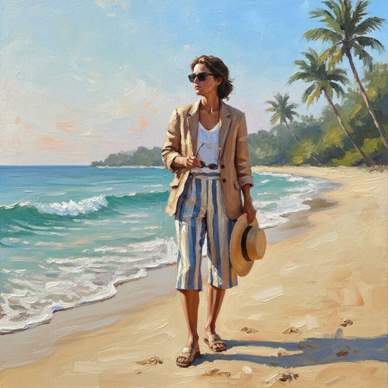 Stylowa piaskowa marynarka z lnu – idealna stylizacja na relaks w tropikalnym raju