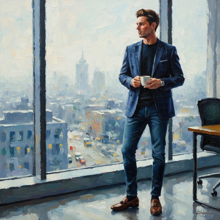 Stylowy look biurowy – granatowa marynarka w kratę z czarnym swetrem i jeansami slim