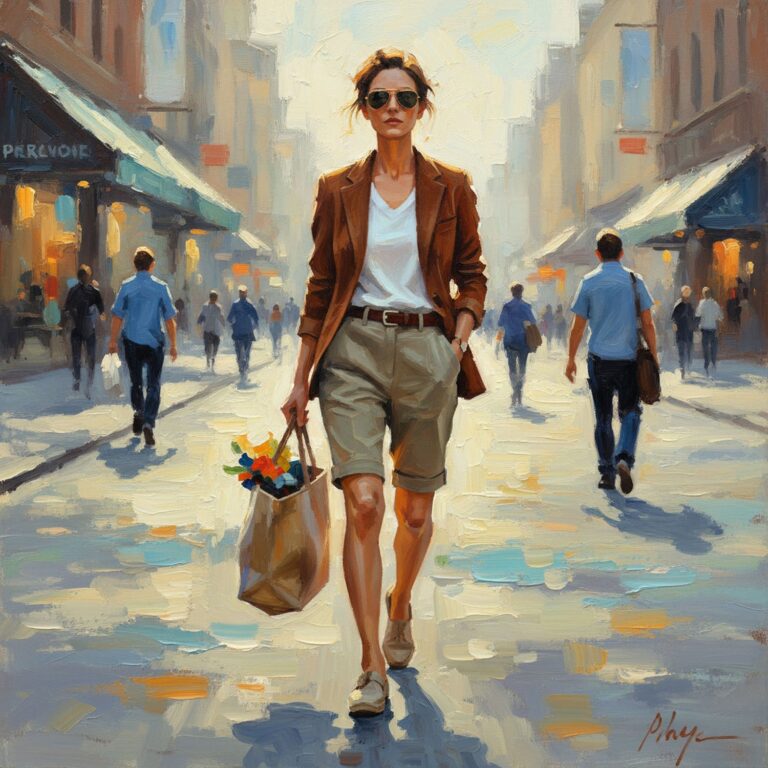 Brązowa marynarka z zamszu – letni look na zakupy z elegancją