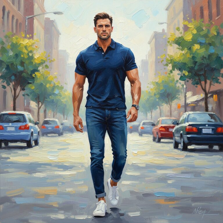 Idealny casualowy look dla 30-latka – granatowa obcisła polo z wąskimi jeansami i sneakersami