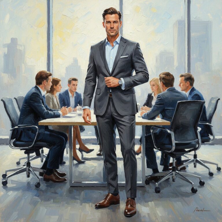 Elegancki zestaw biznesowy – grafitowy garnitur z pastelową koszulą i brązowymi oksfordami