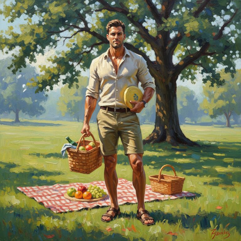 Letni look dla aktywnych mężczyzn – Dopasowana koszula lniana w beżu z szortami slim i sandałami na piknik