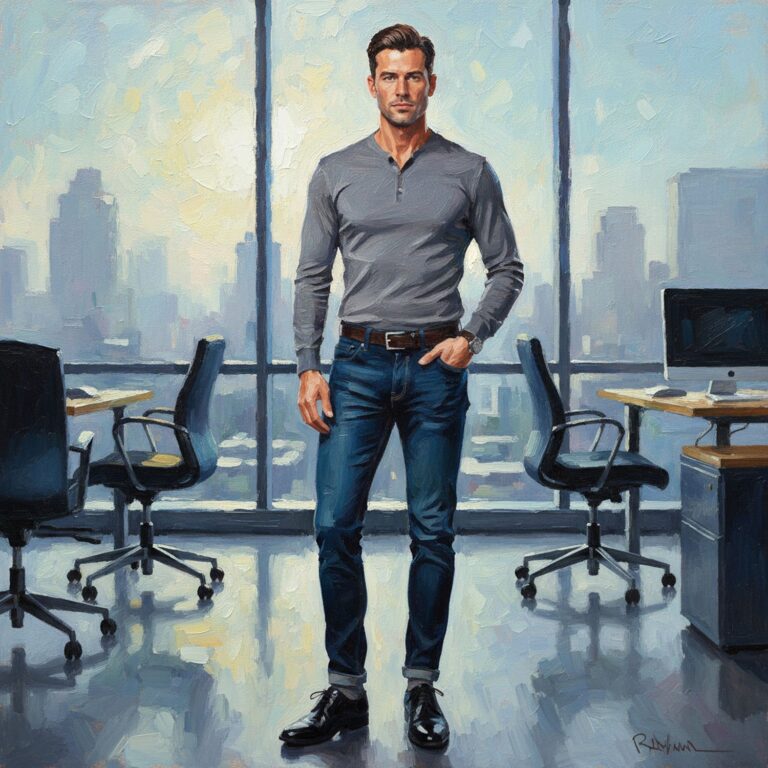 Stylowy zestaw na chłodne dni w pracy – obcisły longsleeve w graficie z jeansami slim