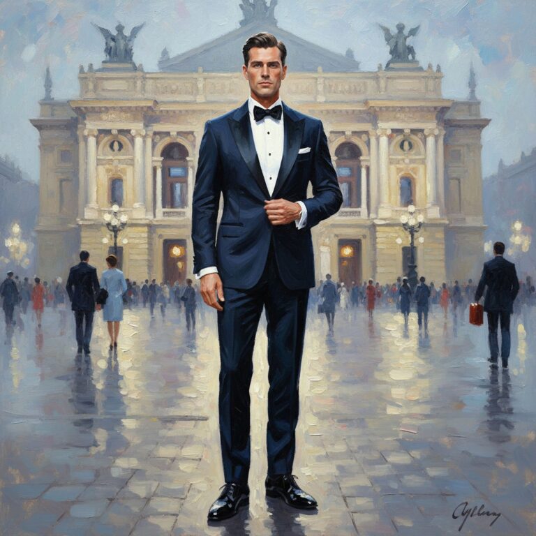 Głęboki granat elegancji – garnitur wieczorowy na galę operową z wyrafinowanym akcentem