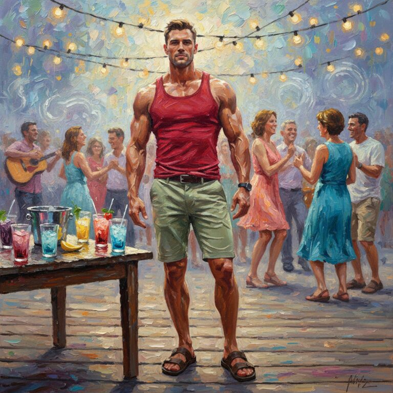 Czerwony tank top z slim szortami i sandałami – stylowy zestaw na letnią imprezę na tarasie