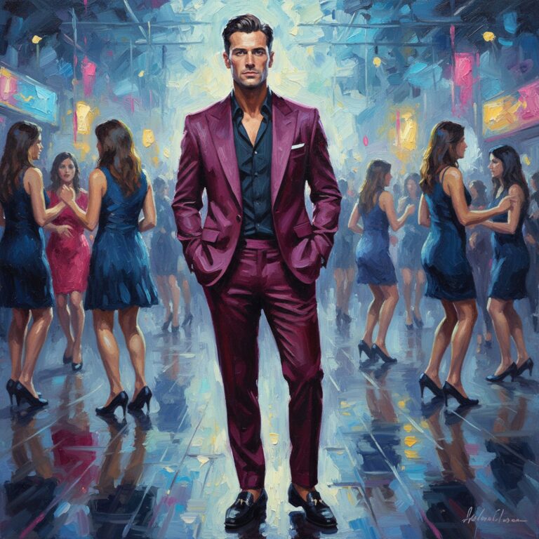 Ekstrawagancki look na nocne eskapady – bordo garnitur z szerokimi klapami w modnym klubie