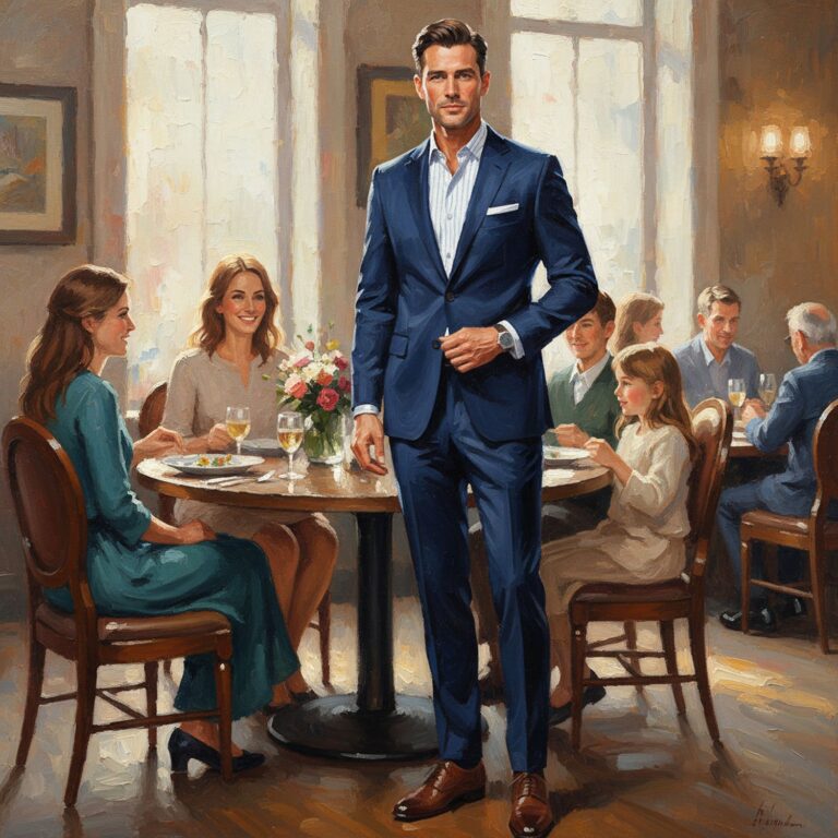 Elegancki look na popołudniowy obiad z rodziną – stonowany garnitur granatowy z prążkowaną koszulą i oksfordami