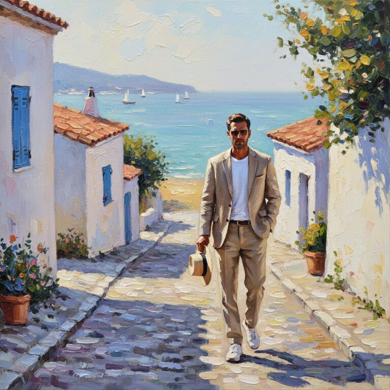 Letni casual w beżu – lniany garnitur na zwiedzanie nadmorskiego miasteczka