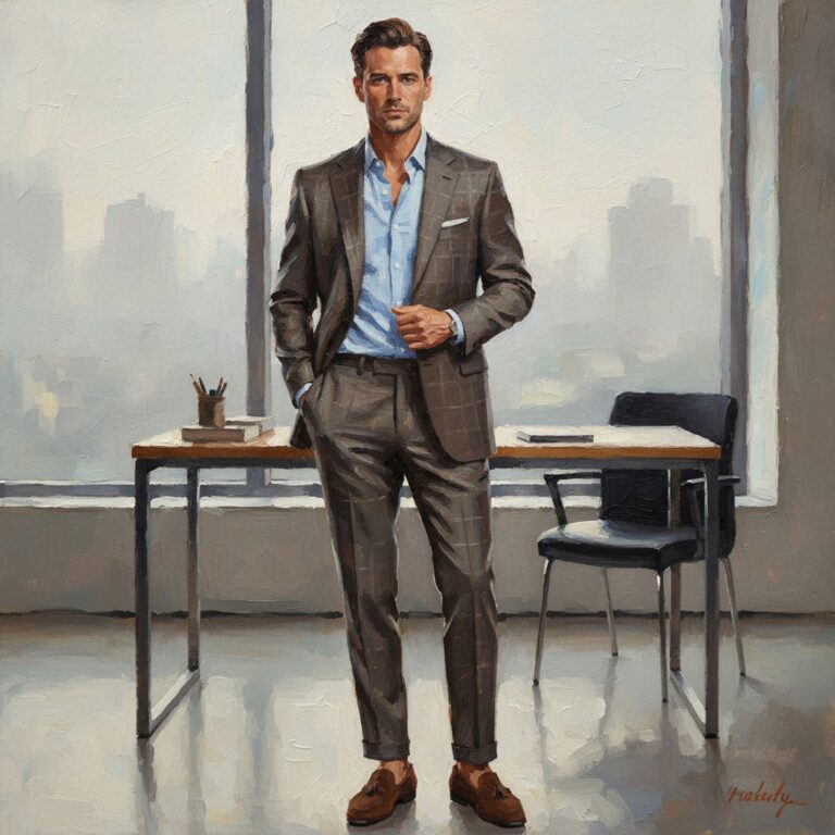 Brązowy garnitur w kratę – stylowy i wygodny na luźny dzień w biurze