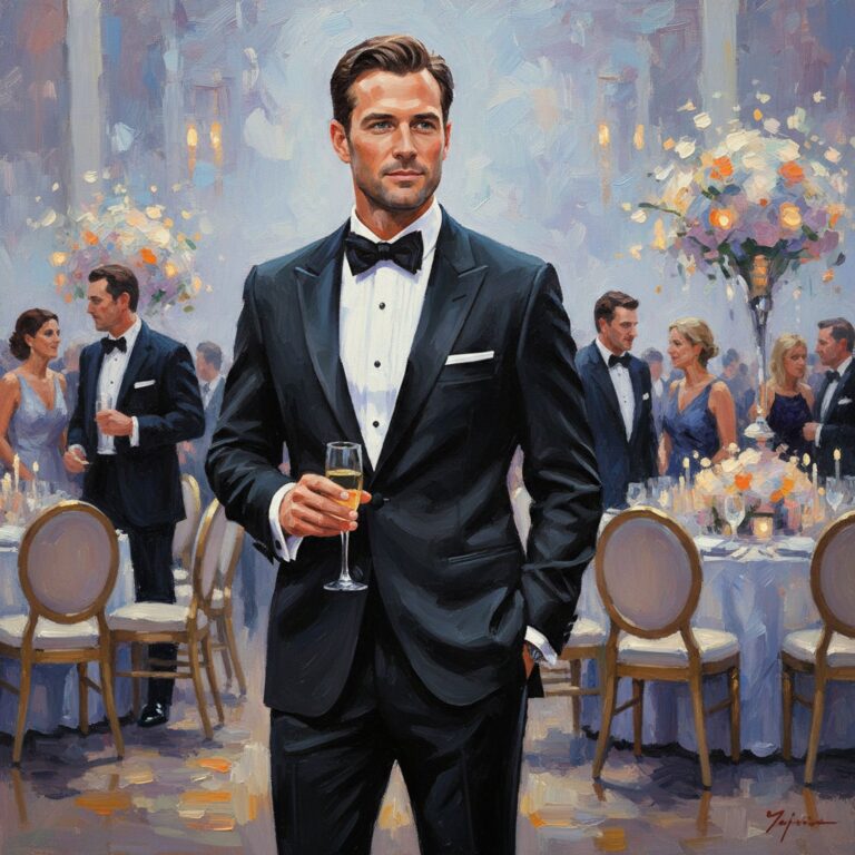 Elegancki czarny garnitur wieczorowy – klasyka na wieczorowy ślub przyjaciela