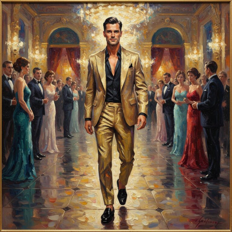 Złoty blask na scenie życia – ekstrawagancki garnitur dla teatru